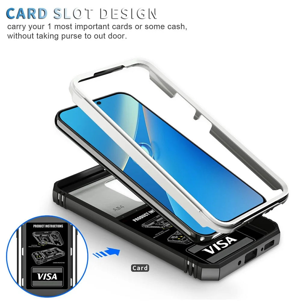 For Samsung Galaxy A54 5G PC TPU Case Kickstand Shockproof Cover with Card Slot, Lens Guard - White / Black - 7