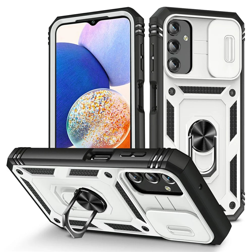 Shockproof Case for Samsung Galaxy A14 5G / A14 4G Kickstand PC TPU Cover with Card Slot, Lens Guard - White / Black - 1