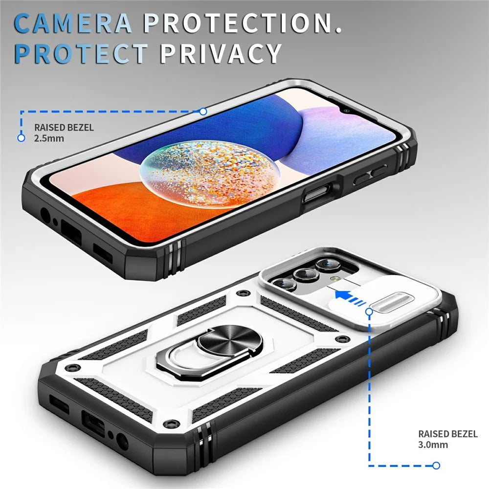 Shockproof Case for Samsung Galaxy A14 5G / A14 4G Kickstand PC TPU Cover with Card Slot, Lens Guard - White / Black - 4