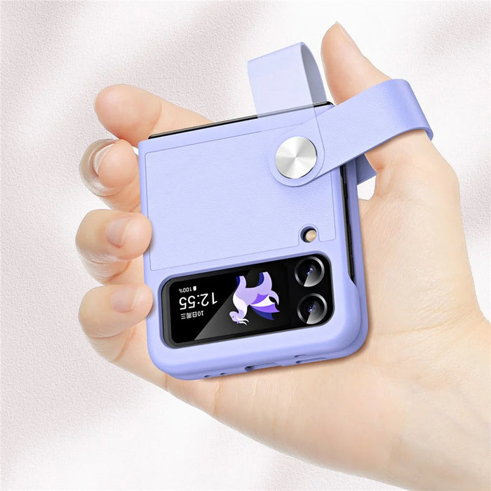 For Samsung Galaxy Z Flip4 5G PU Leather + PC Phone Case Finger Strap Holder Kickstand Cover - Purple - 3
