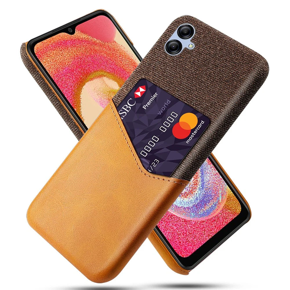 For Samsung Galaxy A04e 4G / F04 4G / M04 4G Card Slot Phone Case Cloth Texture PU Leather+PC Phone Cover - Orange - 1