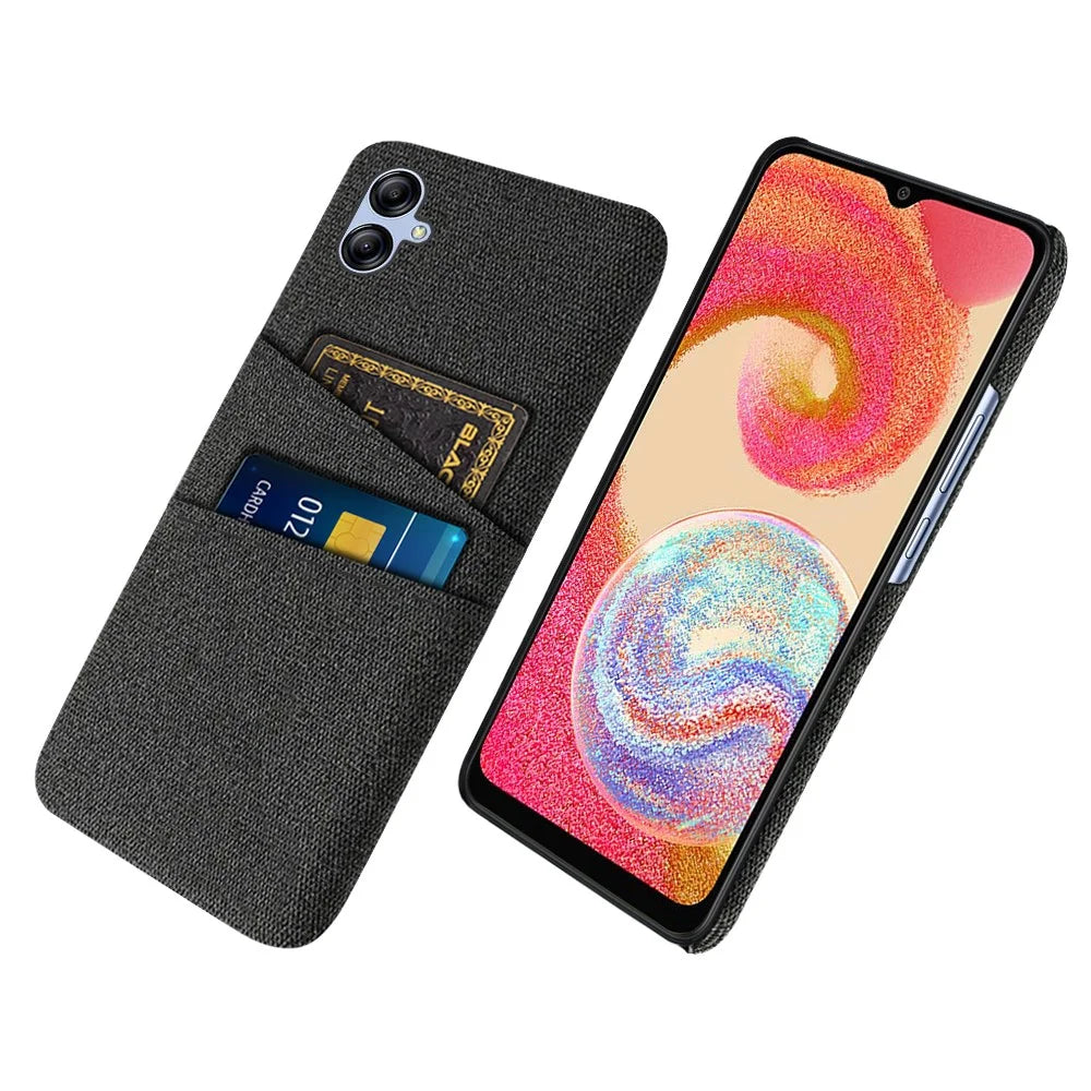 For Samsung Galaxy A04e 4G Anti-Scratch Cloth Texture Phone Back Case Cellphone Cover with 2 Card Slots - Black - 1