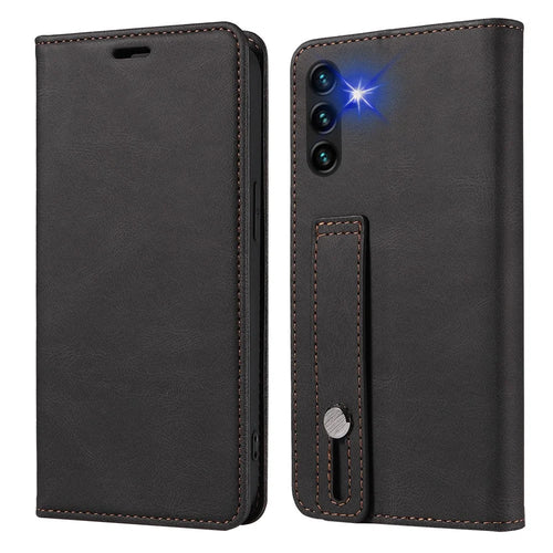 For Samsung Galaxy A54 5G Wristband Leather Phone Stand Case Wallet Magnetic Cell Phone Cover - Black - 1