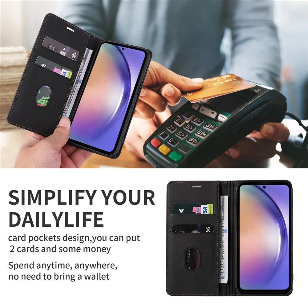 For Samsung Galaxy A54 5G Wristband Leather Phone Stand Case Wallet Magnetic Cell Phone Cover - Black - 4