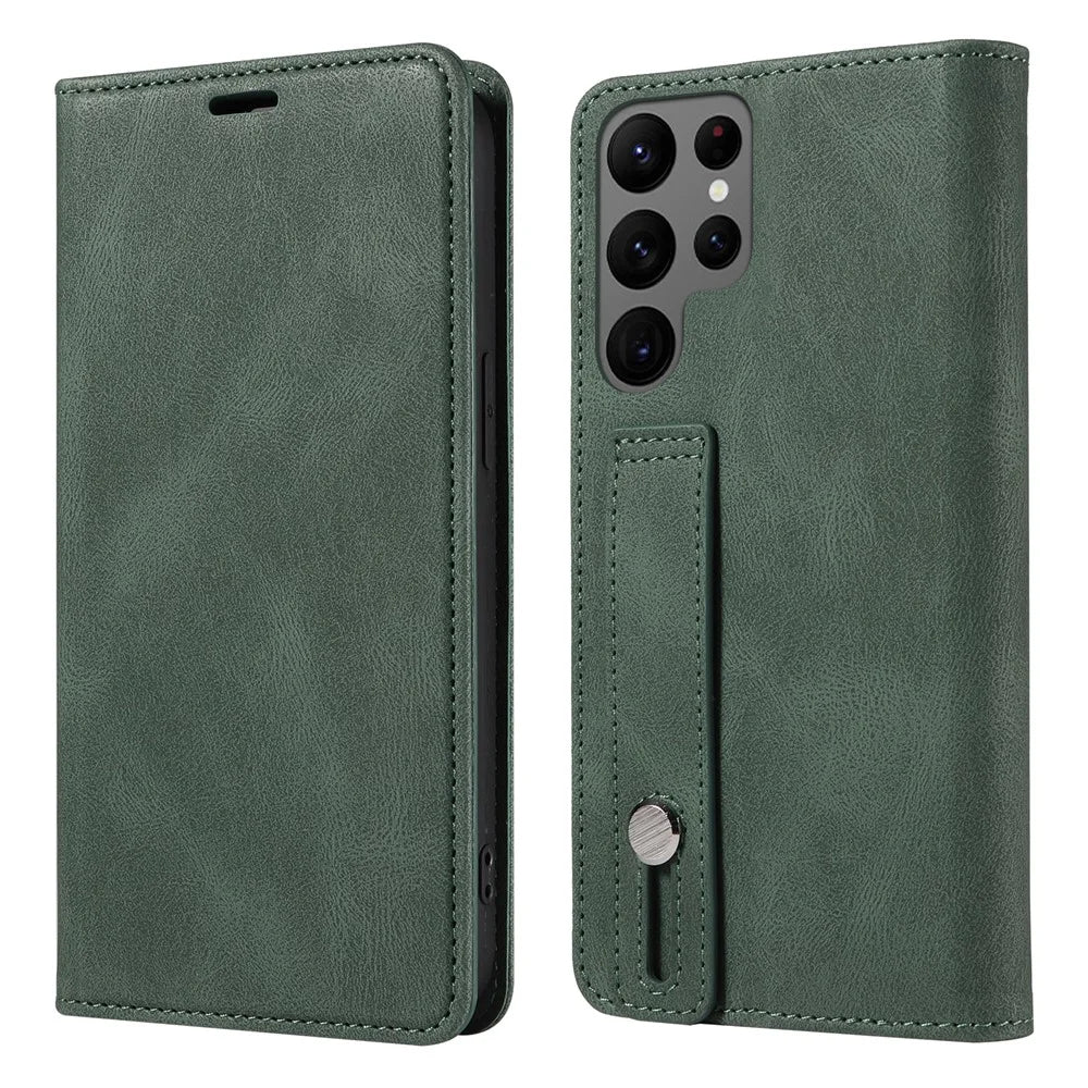 For Samsung Galaxy S23 Ultra Phone Cover Wristband Leather Phone Stand Case Wallet with Magnetic Closure - Green - 1