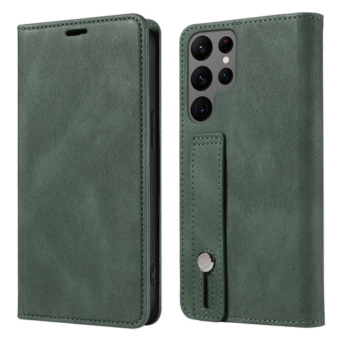 For Samsung Galaxy S23 Ultra Phone Cover Wristband Leather Phone Stand Case Wallet with Magnetic Closure - Green - 1