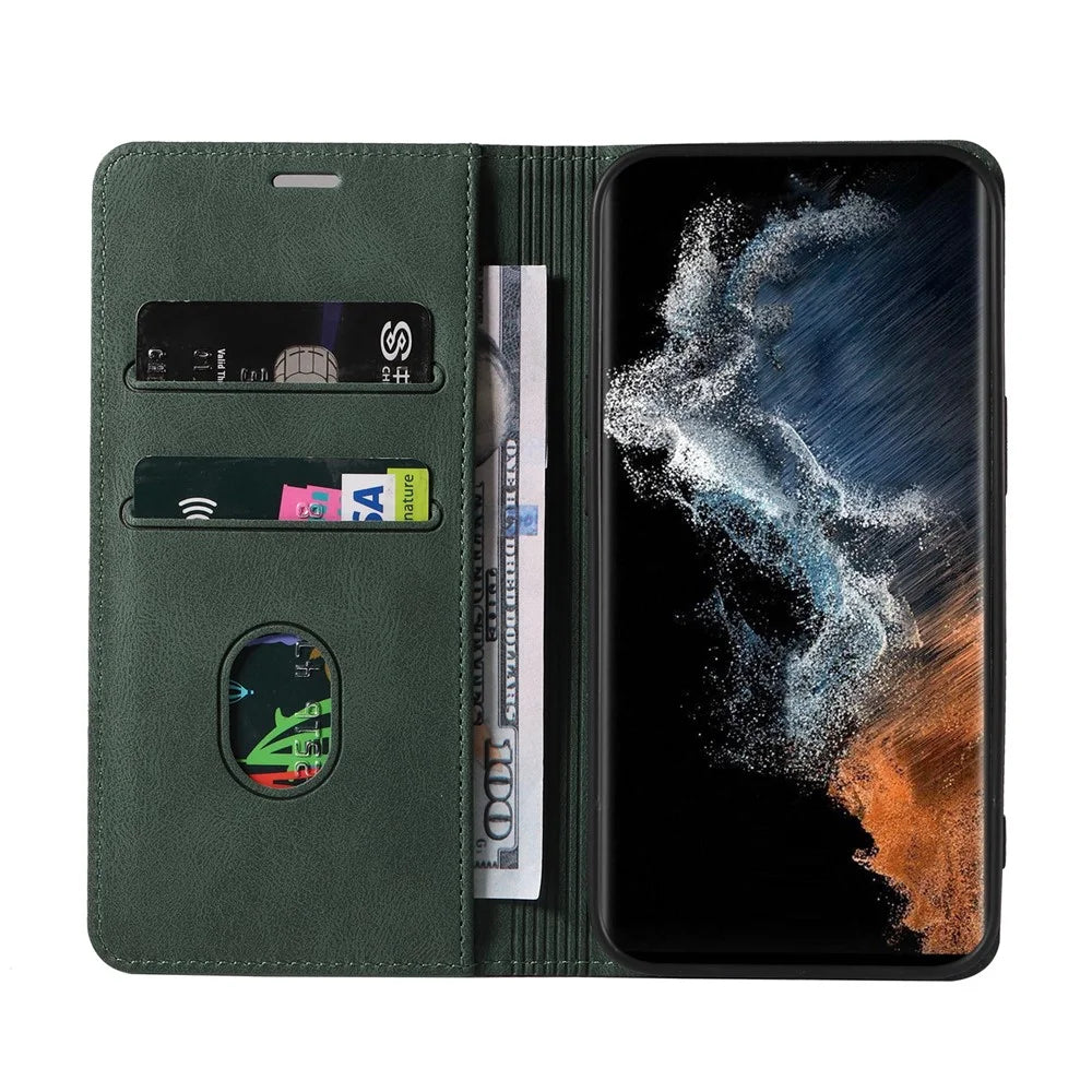 For Samsung Galaxy S23 Ultra Phone Cover Wristband Leather Phone Stand Case Wallet with Magnetic Closure - Green - 2