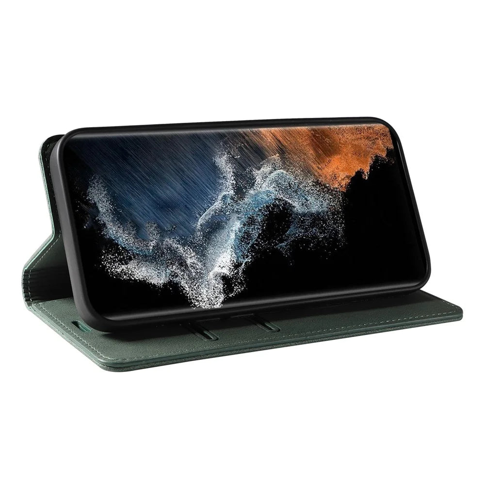 For Samsung Galaxy S23 Ultra Phone Cover Wristband Leather Phone Stand Case Wallet with Magnetic Closure - Green - 3