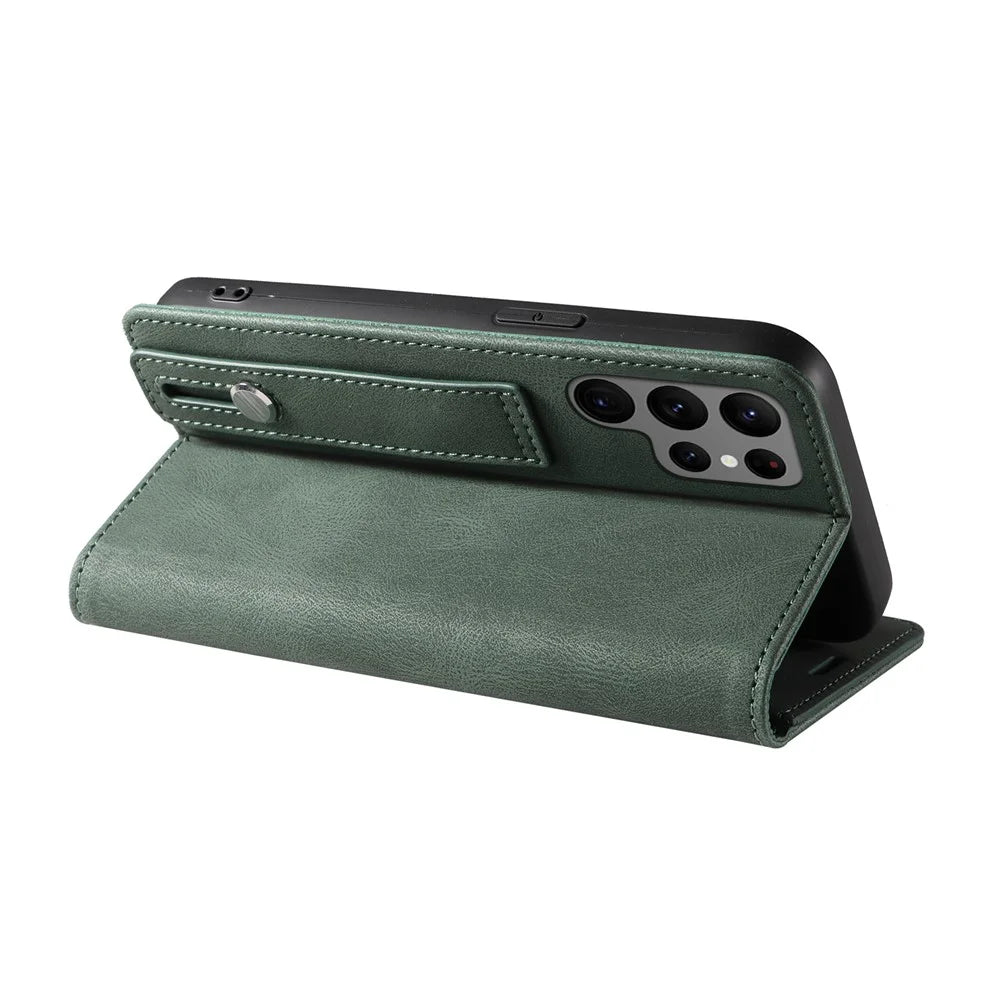 For Samsung Galaxy S23 Ultra Phone Cover Wristband Leather Phone Stand Case Wallet with Magnetic Closure - Green - 4
