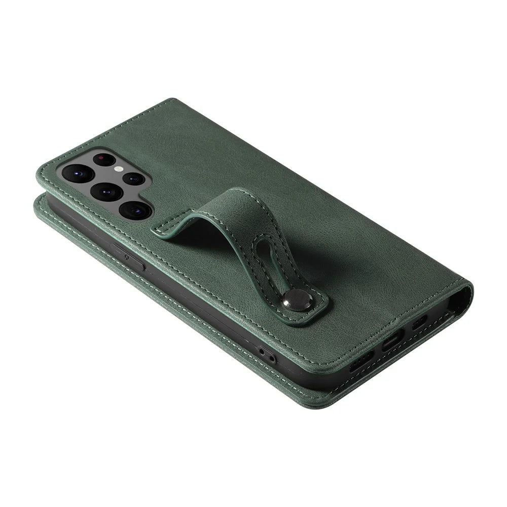 For Samsung Galaxy S23 Ultra Phone Cover Wristband Leather Phone Stand Case Wallet with Magnetic Closure - Green - 5