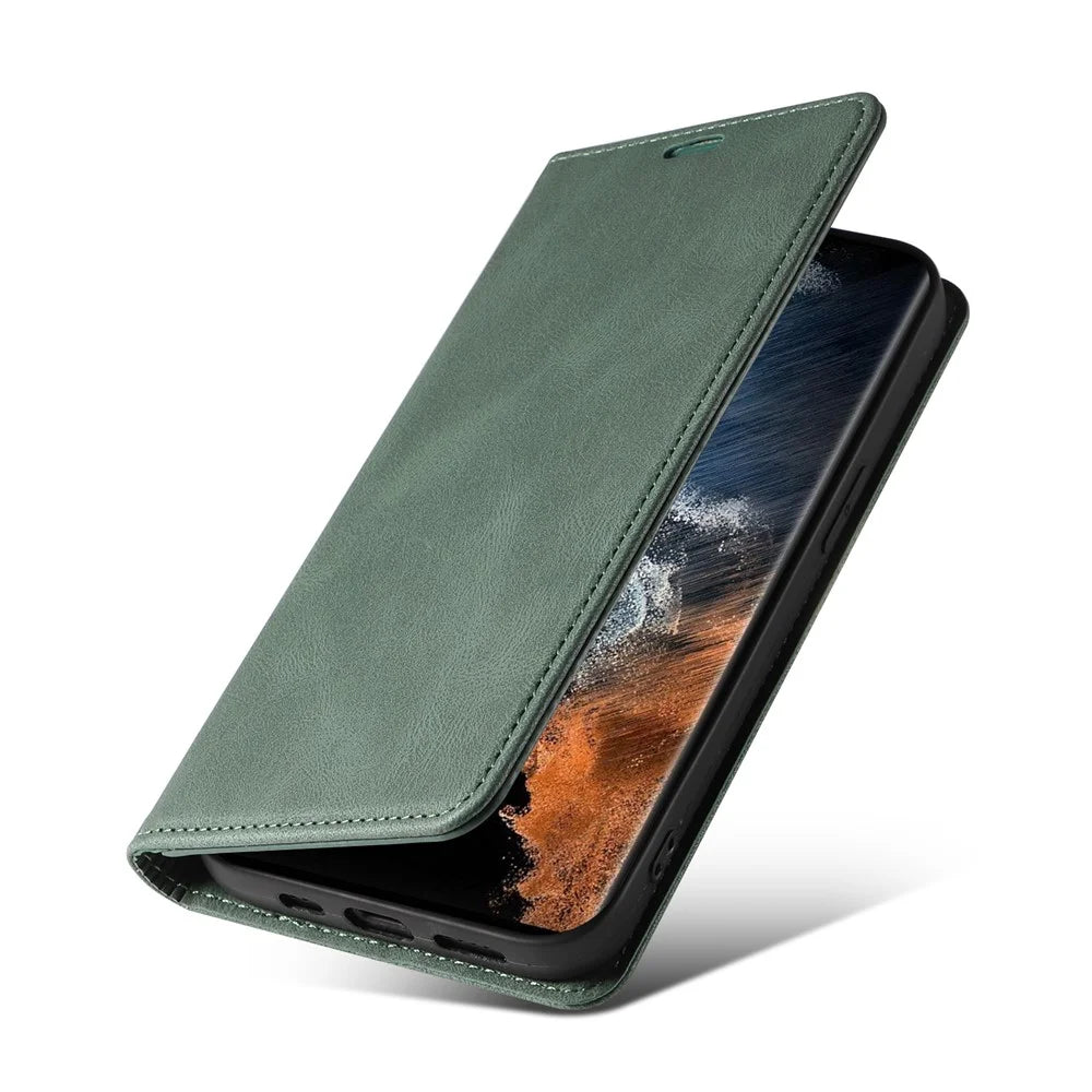 For Samsung Galaxy S23 Ultra Phone Cover Wristband Leather Phone Stand Case Wallet with Magnetic Closure - Green - 6