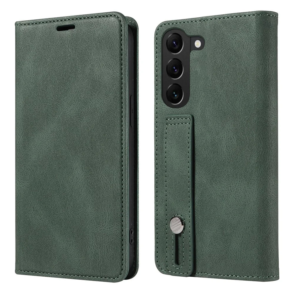 For Samsung Galaxy S23 Anti-Scratch Phone Case Wallet Wristband Leather Magnetic Phone Stand Cover - Green - 1