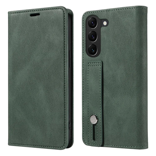 For Samsung Galaxy S23 Anti-Scratch Phone Case Wallet Wristband Leather Magnetic Phone Stand Cover - Green - 1