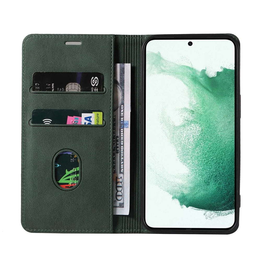 For Samsung Galaxy S23 Anti-Scratch Phone Case Wallet Wristband Leather Magnetic Phone Stand Cover - Green - 2