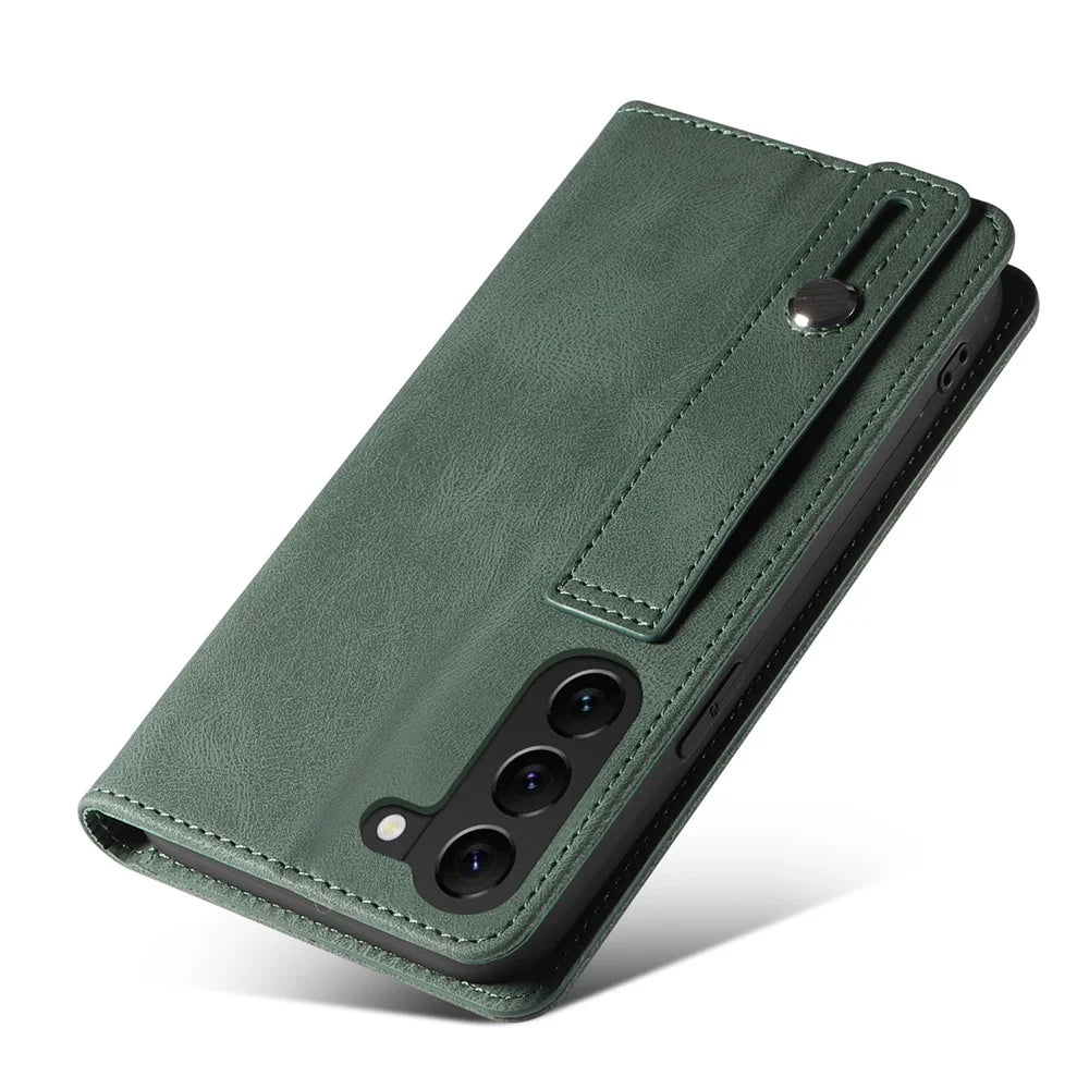 For Samsung Galaxy S23 Anti-Scratch Phone Case Wallet Wristband Leather Magnetic Phone Stand Cover - Green - 5
