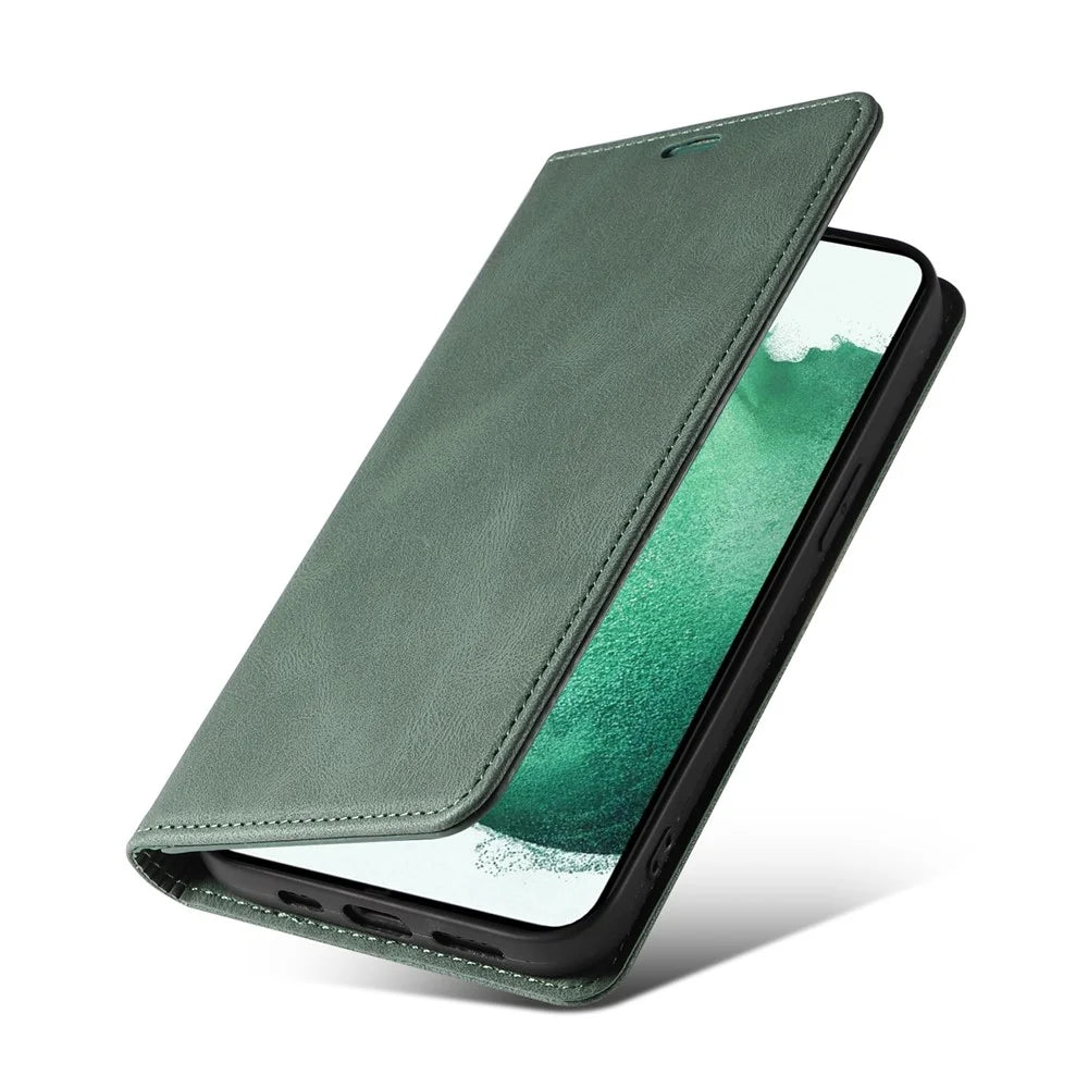 For Samsung Galaxy S23 Anti-Scratch Phone Case Wallet Wristband Leather Magnetic Phone Stand Cover - Green - 6