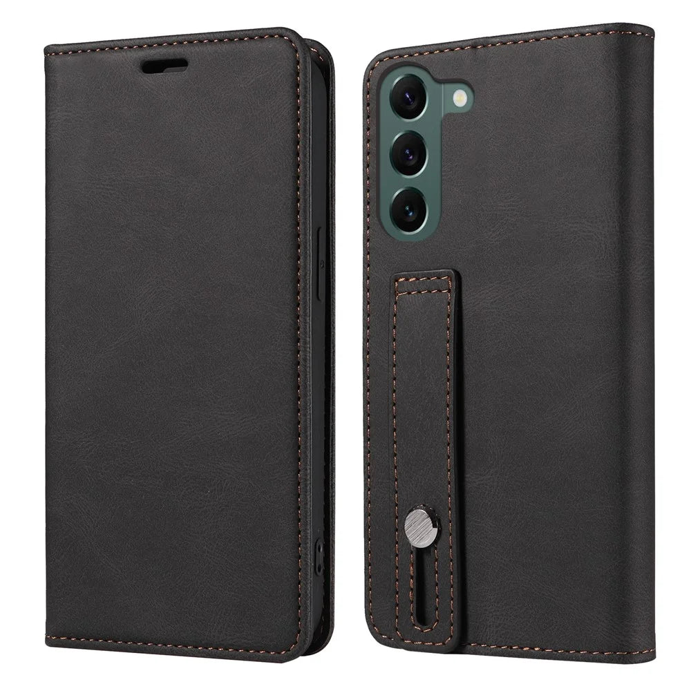 Wristband Leather Phone Stand Case for Samsung Galaxy S23+ , Wallet Magnetic Cell Phone Cover - Black - 1