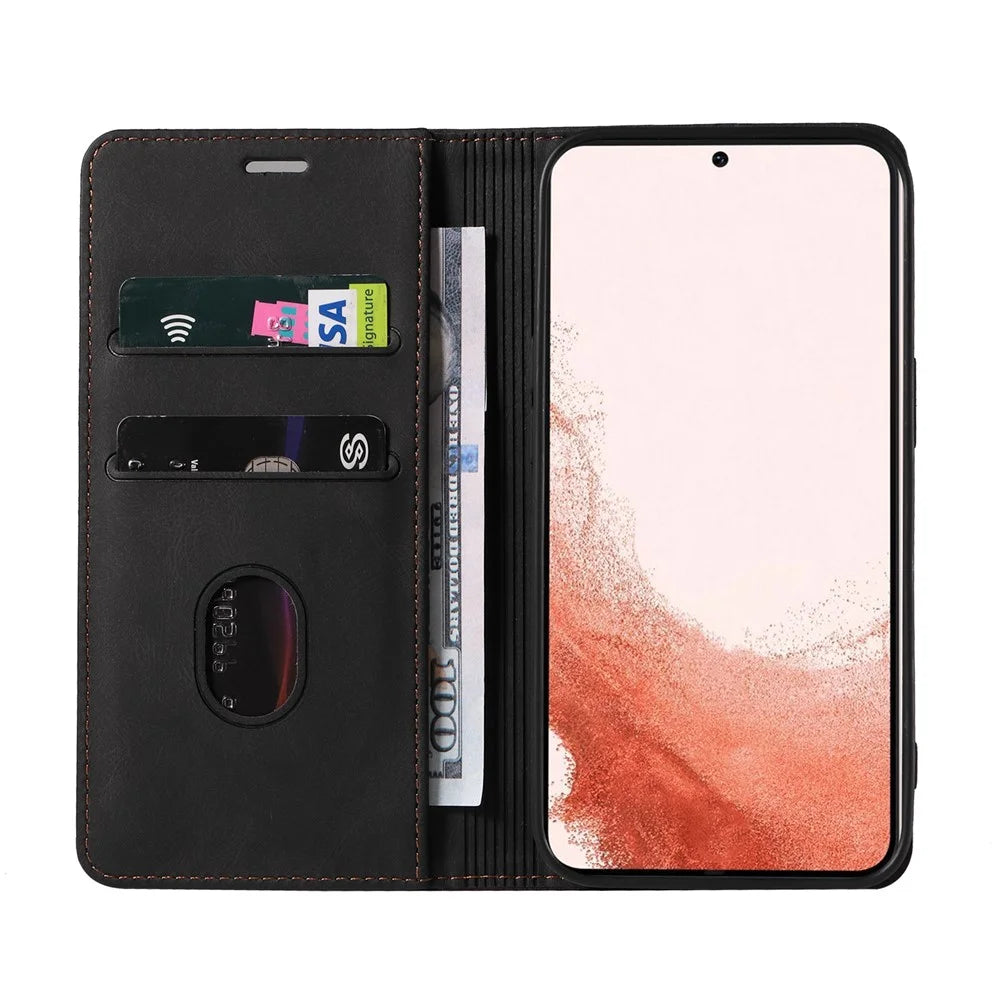 Wristband Leather Phone Stand Case for Samsung Galaxy S23+ , Wallet Magnetic Cell Phone Cover - Black - 2