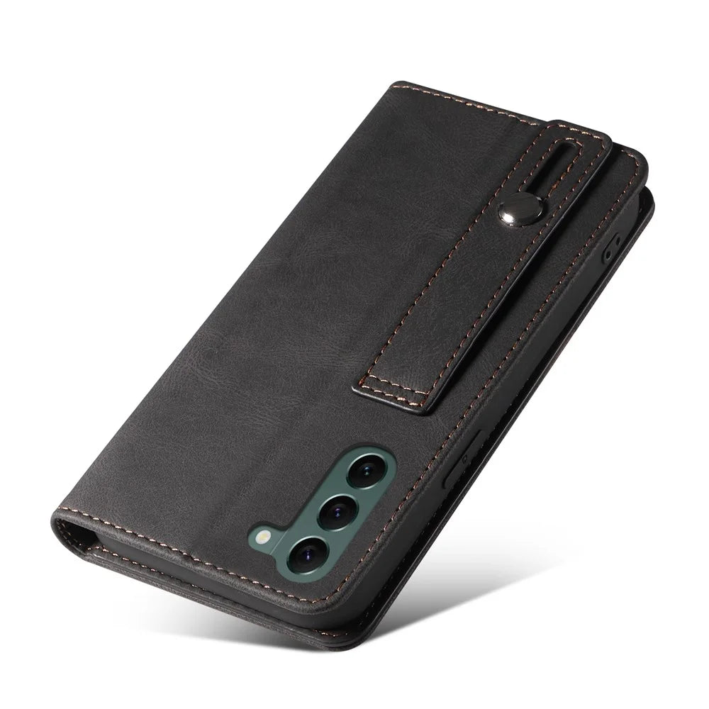 Wristband Leather Phone Stand Case for Samsung Galaxy S23+ , Wallet Magnetic Cell Phone Cover - Black - 5