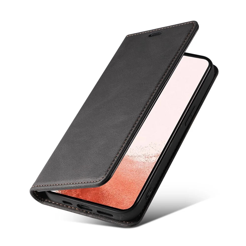 Wristband Leather Phone Stand Case for Samsung Galaxy S23+ , Wallet Magnetic Cell Phone Cover - Black - 6