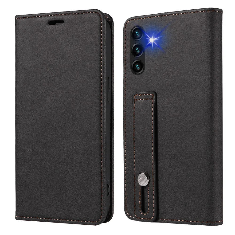 For Samsung Galaxy A14 5G / A14 4G Wallet Magnetic Leather Phone Stand Case Wristband Cell Phone Cover - Black - 1