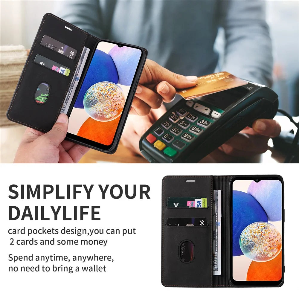 For Samsung Galaxy A14 5G / A14 4G Wallet Magnetic Leather Phone Stand Case Wristband Cell Phone Cover - Black - 4