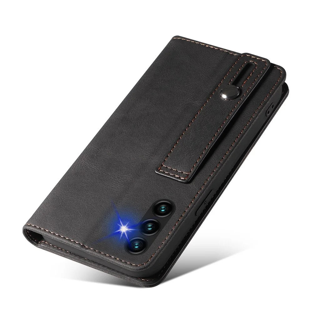 For Samsung Galaxy A34 5G Wallet Magnetic Phone Cover Wristband Leather Phone Stand Case - Black - 6