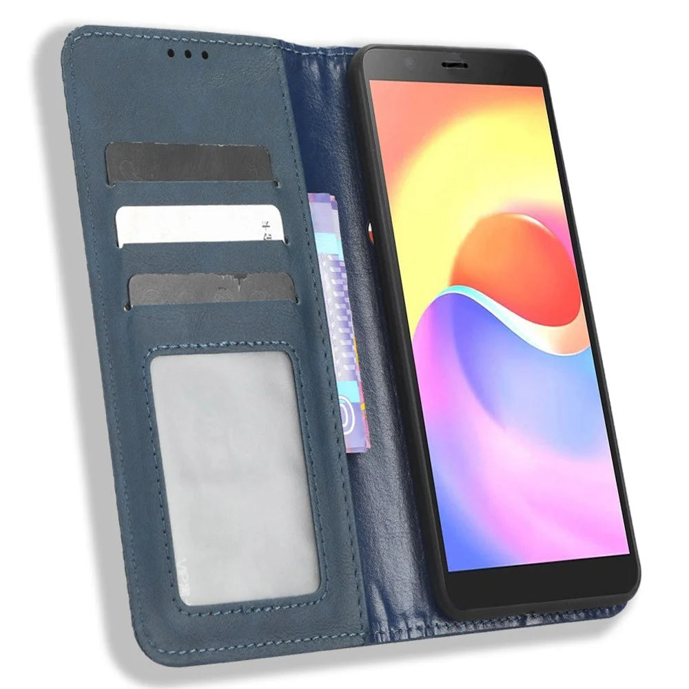 For ZTE Blade A32 Wallet Phone Case Retro Flip PU Leather Magnetic Absorption Stand Cover - Blue - 2