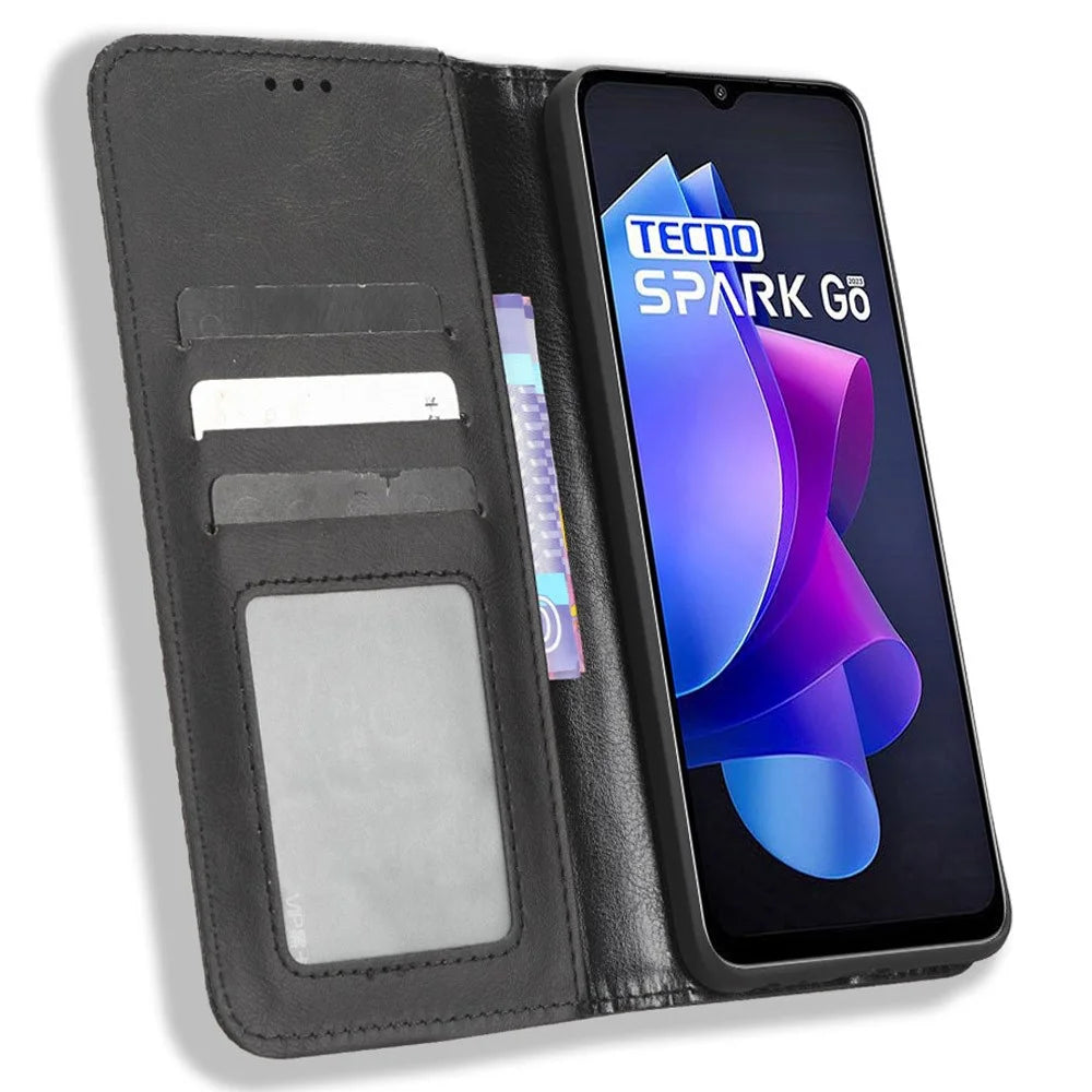 For TECNO Spark Go 2023 4G Vintage PU Leather Magnetic Flip Cover Stand Wallet Phone Case - Black - 2