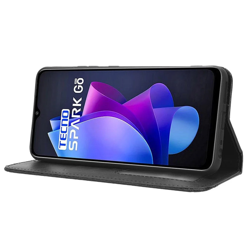 For TECNO Spark Go 2023 4G Vintage PU Leather Magnetic Flip Cover Stand Wallet Phone Case - Black - 3