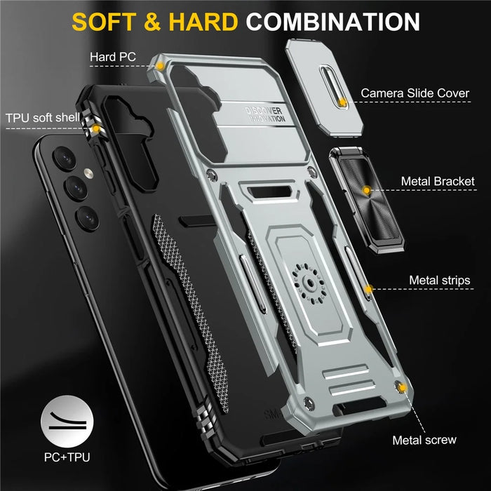 Armor Series Anti-scratch Phone Case for Samsung Galaxy A34 5G Kickstand Phone Cover with Slide Camera Protector - Grey - 7
