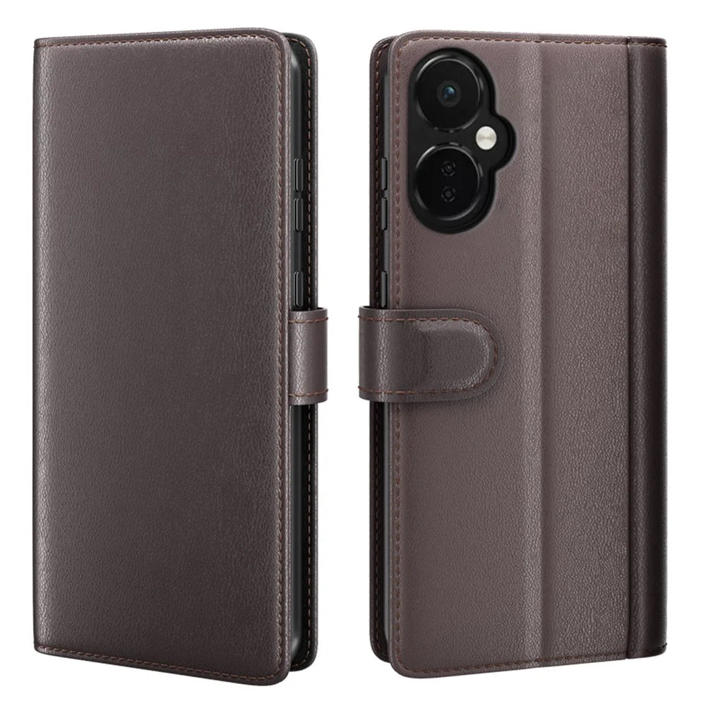 For OnePlus Nord CE 3 Lite 5G / Nord N30 5G Case Genuine Split Leather Phone Cover with Wallet Stand - Brown - 1