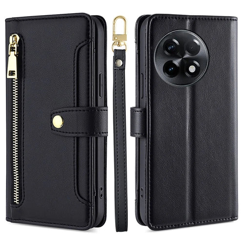 For OnePlus Ace 2 5G / 11R 5G Wallet Phone Case PU Leather Card Slots Zipper Pocket Stand Cover with Straps - Black - 1