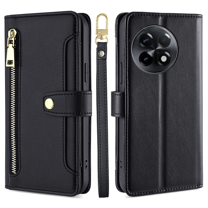 For OnePlus Ace 2 5G / 11R 5G Wallet Phone Case PU Leather Card Slots Zipper Pocket Stand Cover with Straps - Black - 1