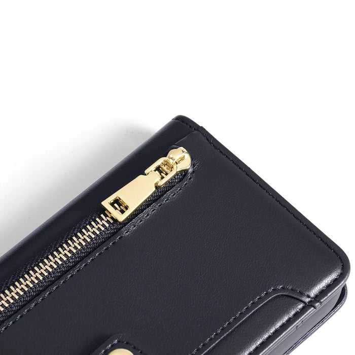 For OnePlus Ace 2 5G / 11R 5G Wallet Phone Case PU Leather Card Slots Zipper Pocket Stand Cover with Straps - Black - 7