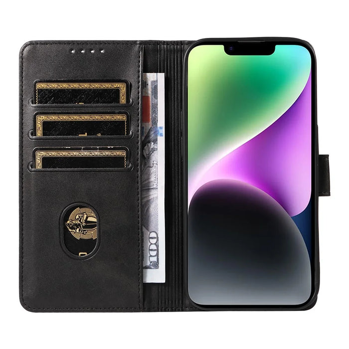 For iPhone 14 Anti-drop Cell Phone Cover Stand Square Clasp Leather Protective Phone Case with Wallet - Black - 2