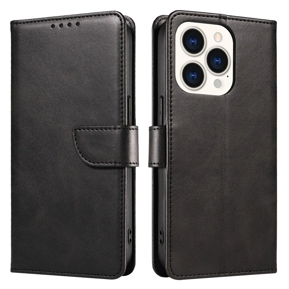 For iPhone 14 Pro Full Protection Cell Phone Cover Square Leather Phone Case with Stand Wallet - Black - 1
