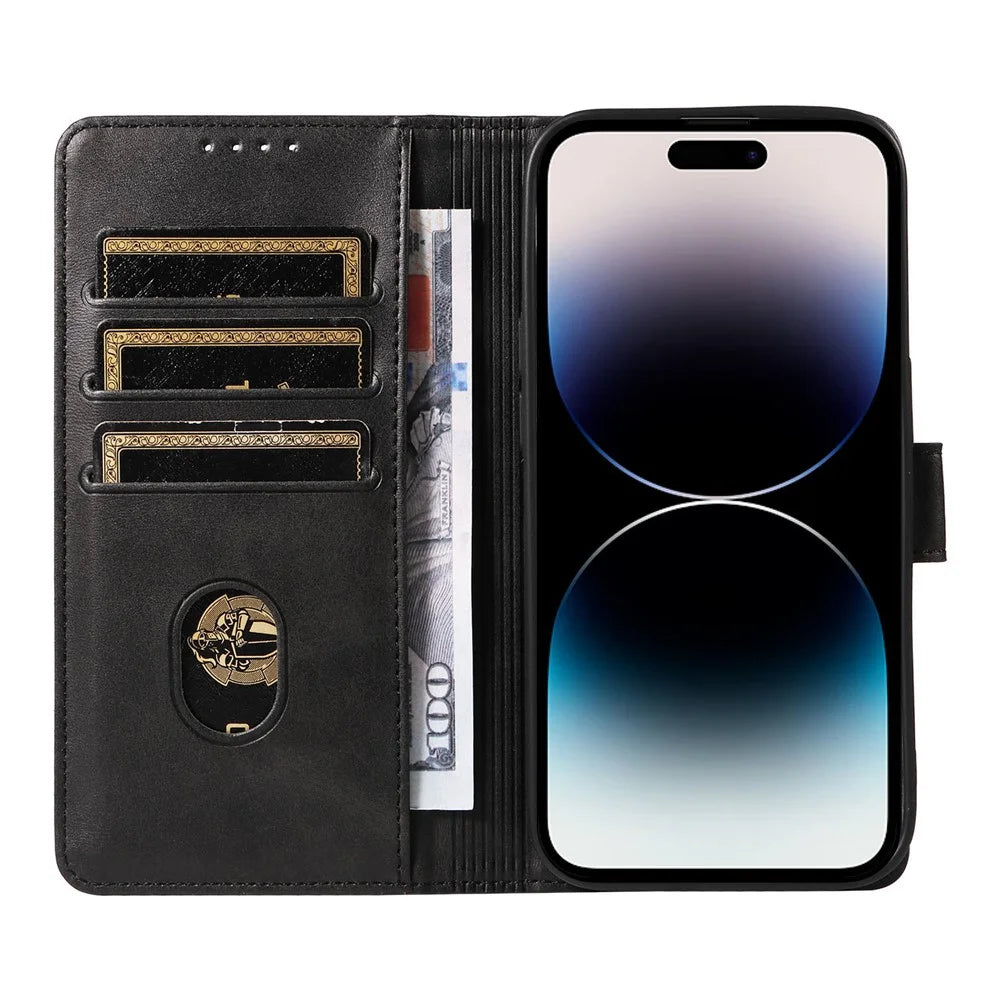 Cell Phone Cover For iPhone 14 Pro Max , Square Clasp Anti-shock Flip Leather Wallet Case with Stand - Black - 2