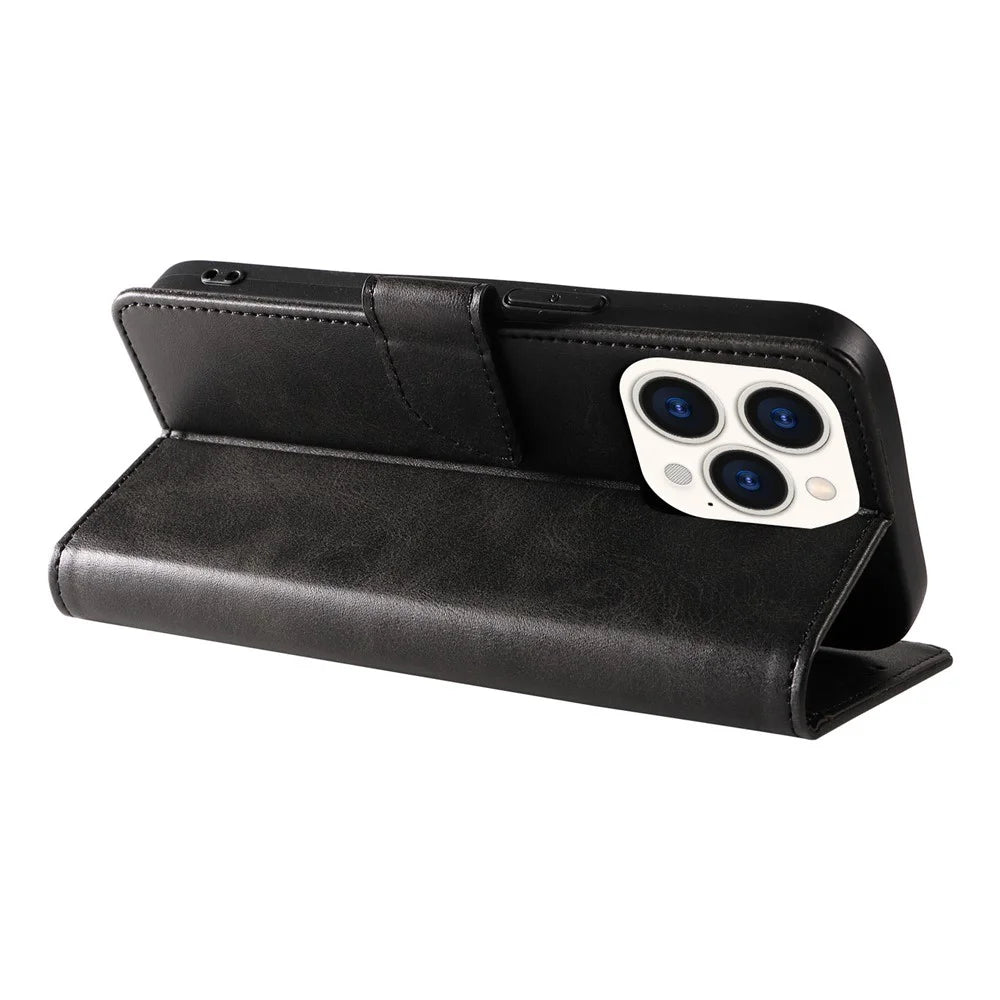 Cell Phone Cover For iPhone 14 Pro Max , Square Clasp Anti-shock Flip Leather Wallet Case with Stand - Black - 3