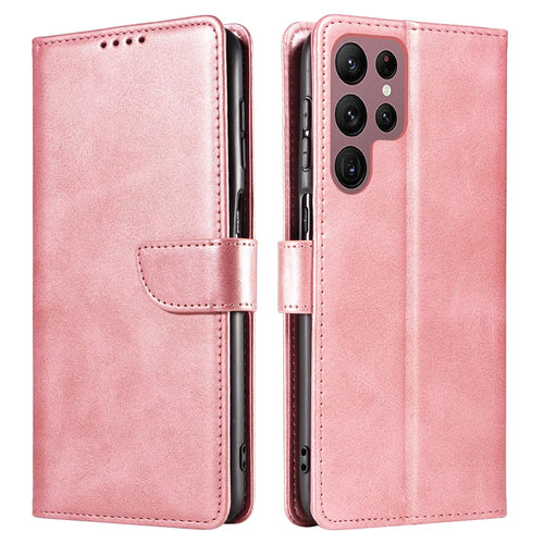 For Samsung Galaxy S23 Ultra Phone Leather Case Square Magnetic Clasp Stand Wallet Phone Cover - Rose Gold - 1