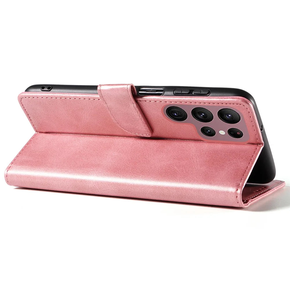 For Samsung Galaxy S23 Ultra Phone Leather Case Square Magnetic Clasp Stand Wallet Phone Cover - Rose Gold - 3