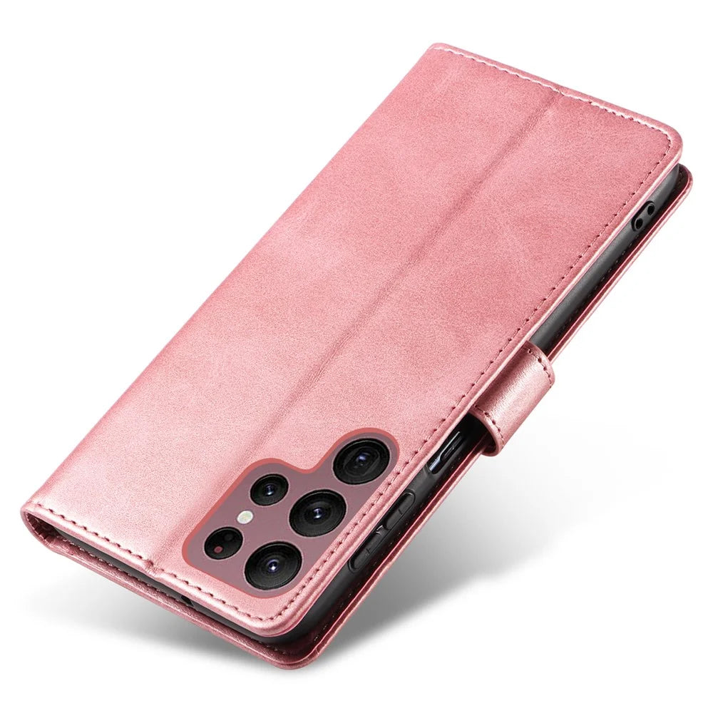For Samsung Galaxy S23 Ultra Phone Leather Case Square Magnetic Clasp Stand Wallet Phone Cover - Rose Gold - 6