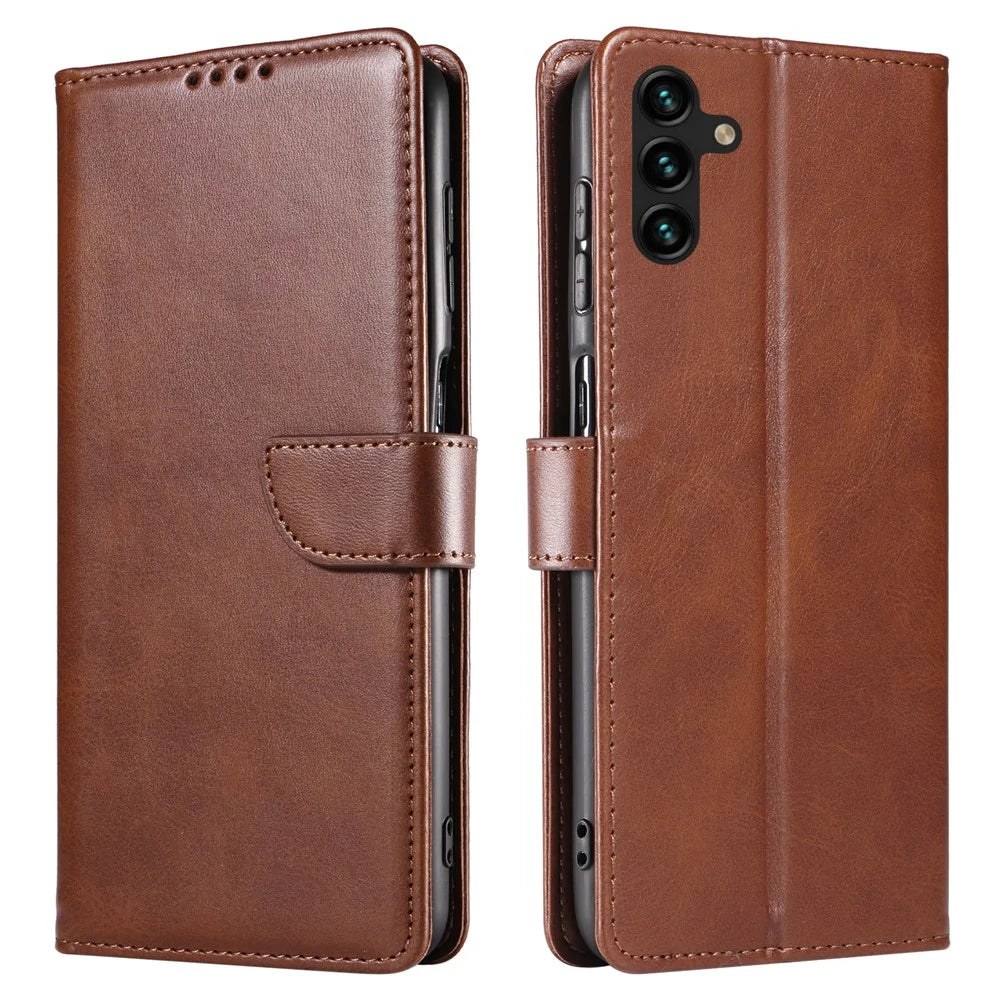 For Samsung Galaxy A34 5G Leather Phone Cover Square Magnetic Clasp Case with Stand Wallet - Brown - 1