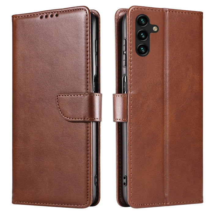 For Samsung Galaxy A34 5G Leather Phone Cover Square Magnetic Clasp Case with Stand Wallet - Brown - 1