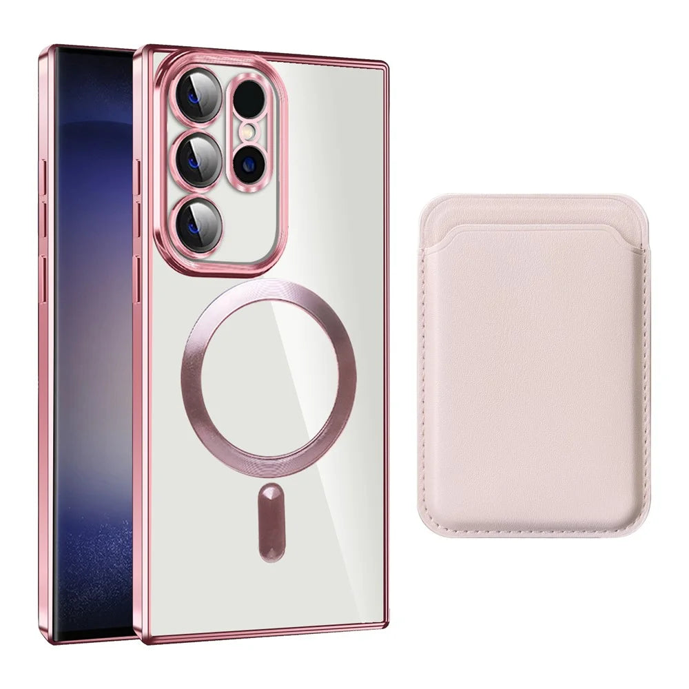 Magnetic Phone Case for Samsung Galaxy S23 Ultra , TPU + PC Clear Cover with Card Holder - Pink - 1