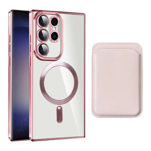 Magnetic Phone Case for Samsung Galaxy S23 Ultra , TPU + PC Clear Cover with Card Holder - Pink - 1