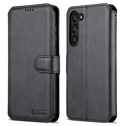 AZNS Anti-fall Phone Case For Samsung Galaxy S23 Calf Texture Leather Flip Phone Cover with Wallet Stand - Black - 1