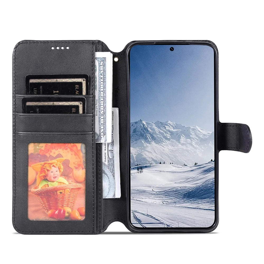 AZNS Anti-fall Phone Case For Samsung Galaxy S23 Calf Texture Leather Flip Phone Cover with Wallet Stand - Black - 2
