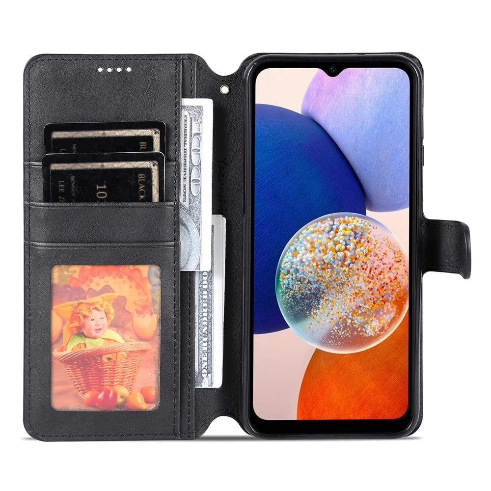 AZNS Drop-proof Phone Case For Samsung Galaxy A14 5G / A14 4G Calf Texture Leather Phone Wallet Cover Stand - Black - 2