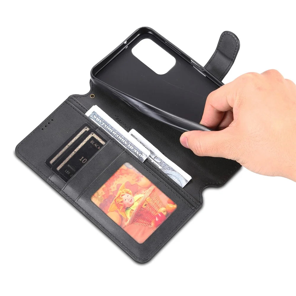 AZNS Drop-proof Phone Case For Samsung Galaxy A14 5G / A14 4G Calf Texture Leather Phone Wallet Cover Stand - Black - 6